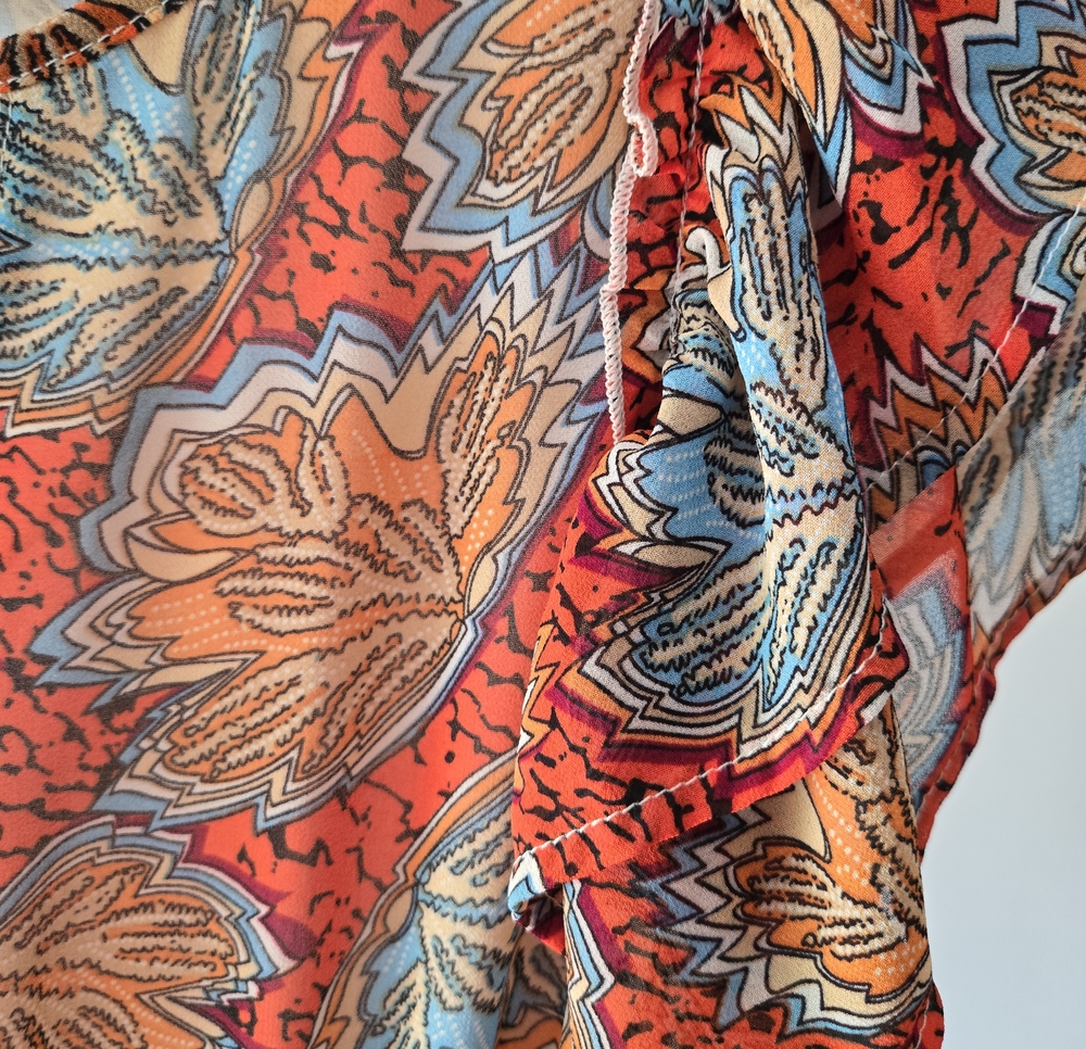 THML Orange Floral Tie-Front Blouse with Blue & Cream Accents
